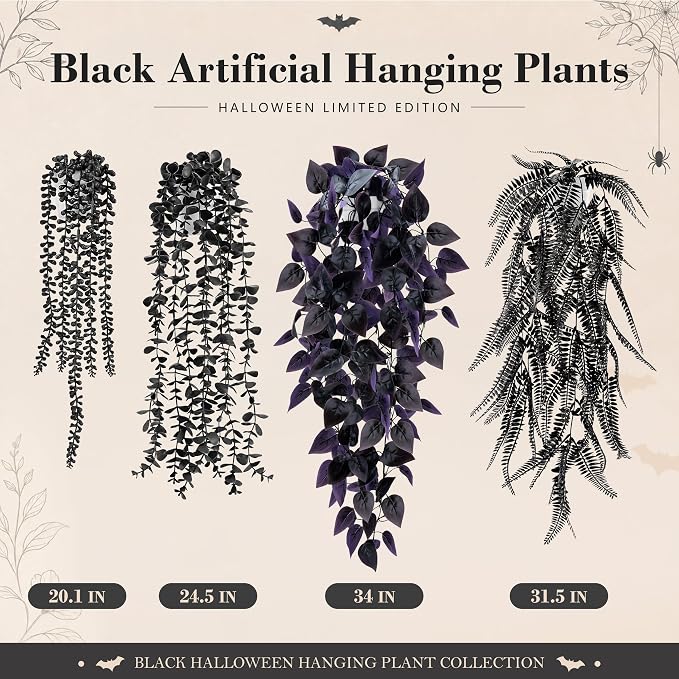 Der Rose 4 Pcs Fake Hanging Plants for Halloween Bathroom Decor Indoor | Black and purple party decorations for gothic halloween decor, bathroom shelves, covered porches and Halloween mantel decor