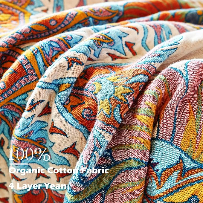 VANJOROY Boho Throw Blanket, 100% Organic Cotton Breathable Skin-Friendly Ultra Soft Bed Quilt Throw - All Season Floral Bird Farmhouse Décor Luxury Blanket for Sofa Couch Chair and Gift. 91" x 98"