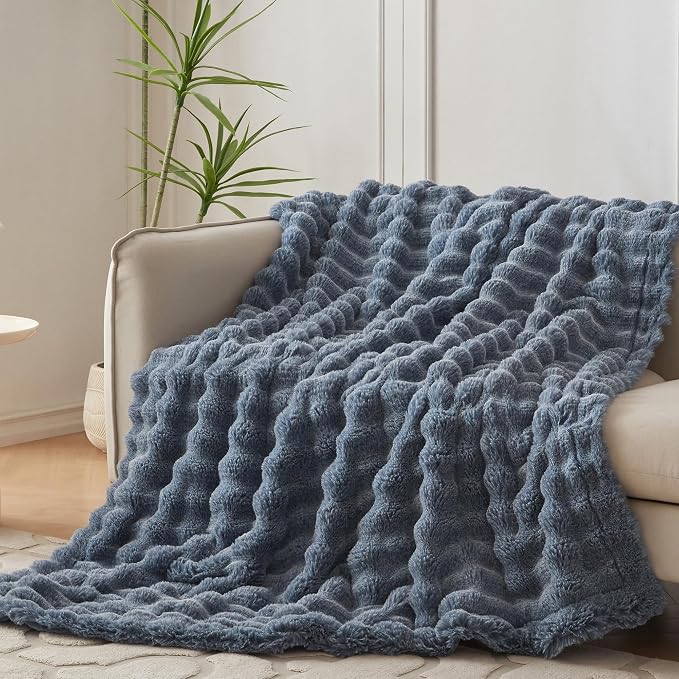 COOVA Faux Fur Throw Blanket for Couch, Cozy Soft and Fuzzy Plush Rabbit Fur Bubble Blanket for Sofa Bedroom Living Room, 50x60 Inches Cationic Dark Blue