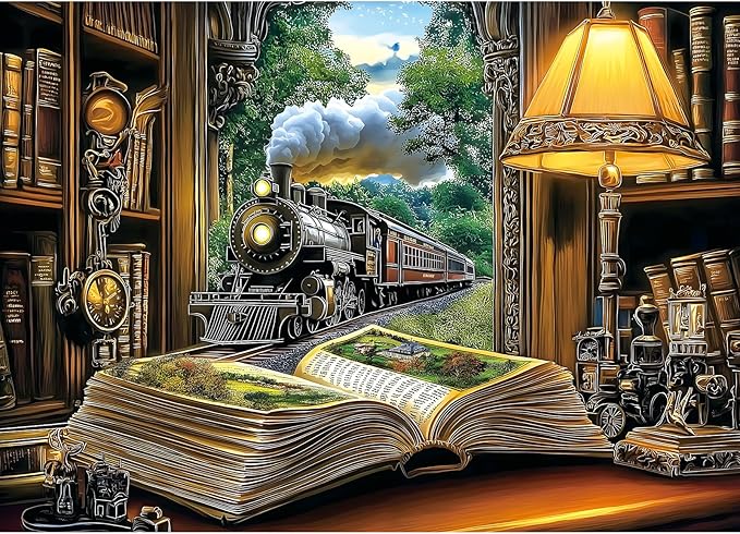 Vintage Train 1000 Piece Jigsaw Puzzle for Adults Fantasy Book Railway Station Night Lamp Whimsical Scene Adult Puzzles 1000 Pieces with Letters on Back Difficult Fun Unique Puzzle Games for Adults