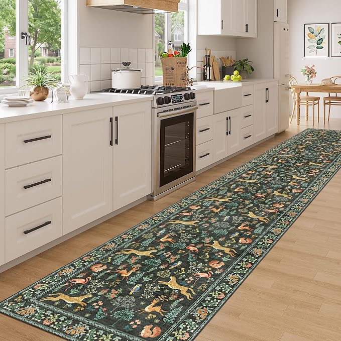 DUKINO 3x16 Hallway Runner Rug, Washable Animal Rug for Kitchen, Black | Non Slip, Low Pile, Soft Thin Indoor Carpet Runner for Entryway, Bedroom, Bathroom, Laundry, Pet Friendly, Non-Shedding