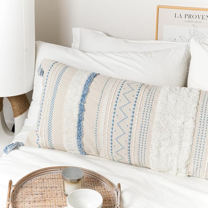 20X54 Oversized Large Lumbar Pillow Cover for Bed, Rectangular Long Decorative Throw Pillowcase, Cotton Boho Accent Cushion with Blue Tufted Pattern and Tassels, Cream Neutral (Cover Only)