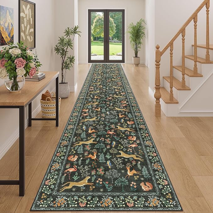 DUKINO 3x16 Hallway Runner Rug, Washable Animal Rug for Kitchen, Black | Non Slip, Low Pile, Soft Thin Indoor Carpet Runner for Entryway, Bedroom, Bathroom, Laundry, Pet Friendly, Non-Shedding