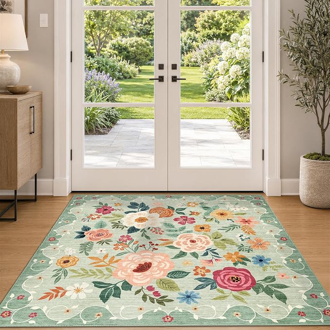 DUKINO 4x4 Square Area Rug, Soft Floral Washable Rug for Entryway, Green | Non Slip, Low Pile, Stain Resistant Indoor Rug for Kitchen, Bedroom, Living Room, Nursery, Pet Friendly, Modern Home Decor