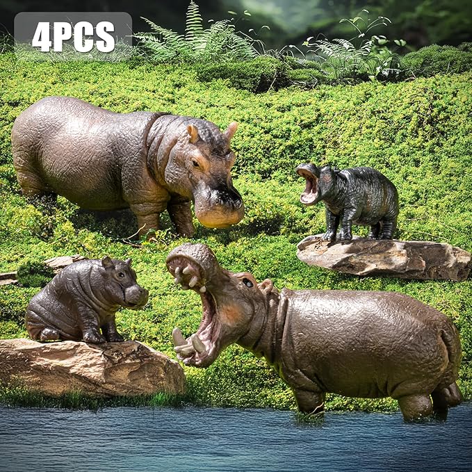 Safari Hippo Animals Toys, 4PCS Plastic Wild Animals Family Figures Toy for Kids Ages 3-5 Includes Hippopotamus and Cubs, Cake Toppers Birthday Gift Party Favors for Boys Girls