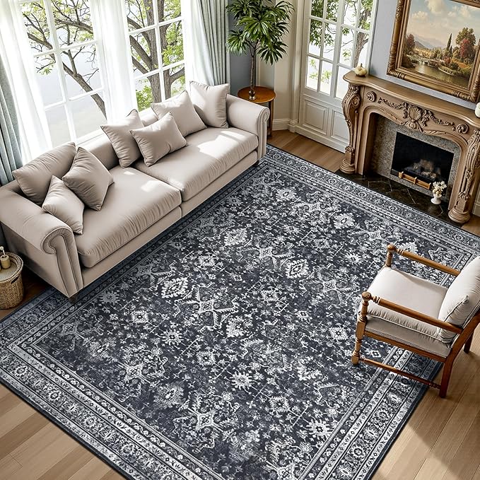 5x7 Area Rugs for Living Room Bedroom, Black Washable Non-Slip Carpet | Soft Area Rug for Dining Room Home Office Indoor Nursery, Stain Resistant, Low Pile, Vintage Boho Distressed Rug
