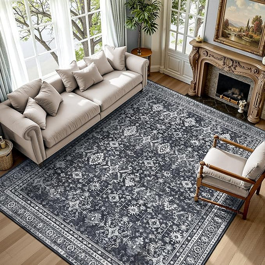 5x7 Area Rugs for Living Room Bedroom, Black Washable Non-Slip Carpet | Soft Area Rug for Dining Room Home Office Indoor Nursery, Stain Resistant, Low Pile, Vintage Boho Distressed Rug