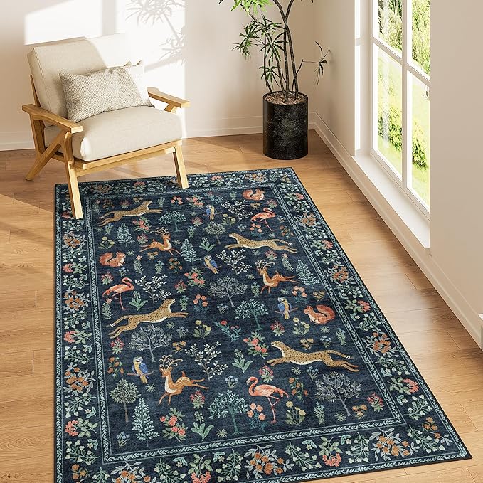 DUKINO 3x5 Rug, Washable Animal Area Rug for Bedroom Non Slip, Navy Blue | Low Pile, Stain Resistant, Soft Indoor Carpet for Living Room, Kitchen, Dining Room, Nursery, Lightweight, Pet Friendly