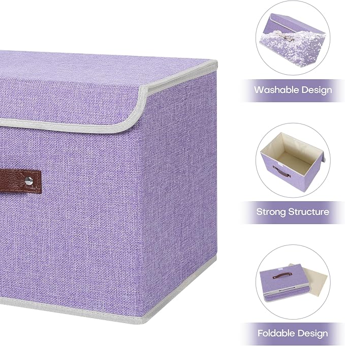 ANMINY Fabric Storage Box Bins with Lids, Purple, 15"x10"x10" | Keepsake Memory Storage, Cotton Linen, PP Board Reinforced, Washable, PU Handles, Foldable & Stackable, Decorative, Large