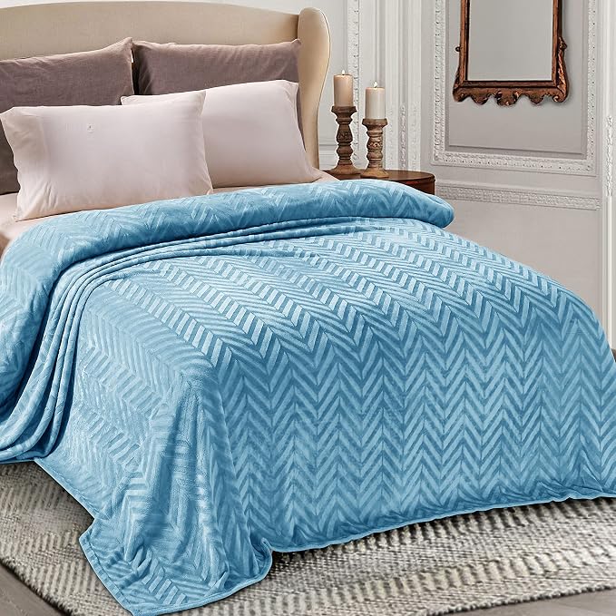 Whale Flotilla Flannel Fleece Fall Bed Blanket King Size, Stone Blue | Lightweight Breathable Soft Bedspread, Plush Fluffy Coverlet Chevron Design Decorative Blanket for Home Life, 90x104 Inch