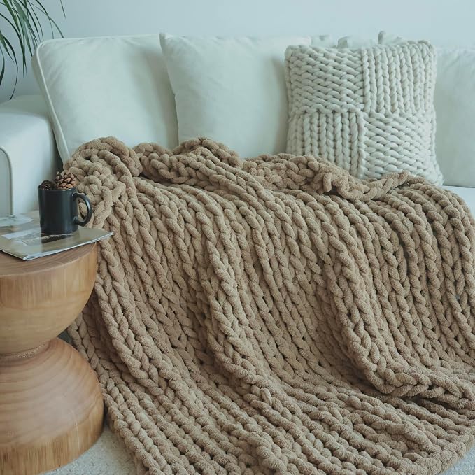 Maetoow Chenille Chunky Knit Blanket,Handmade Cozy for Home Decor,50×60,Khaki