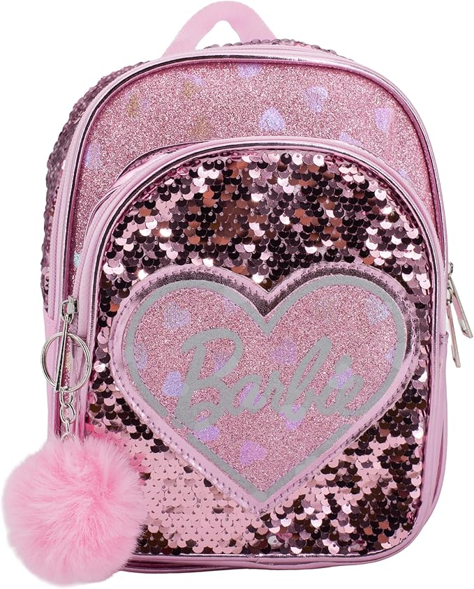 AI ACCESSORY INNOVATIONS Barbie 9” Micro Mini Backpack Purse Featuring a 3D Heat Logo Patch, Sequins & Glitter PU, & Pompom Dangle, Pink