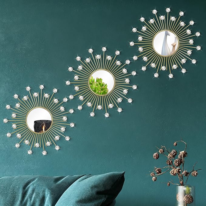 3 Pack Metal Mirrors for Wall Sunburst Wall Mirrors Home Décor Decorative Hanging Wall Art for Living Room Bedroom Entryway (Gold2 Crystal, Sunburst)