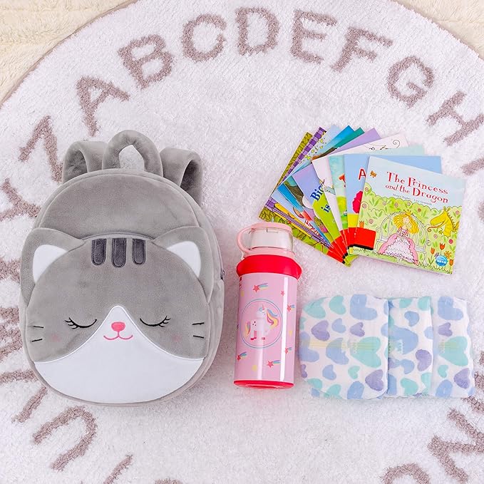 Lazada Cat Toddler Backpack Plush Backpack Toddler Girls Backpack Cat Animal Kids Backpacks for Girls Kitty Plush Backpack for Baby Girls Gray 11-inch