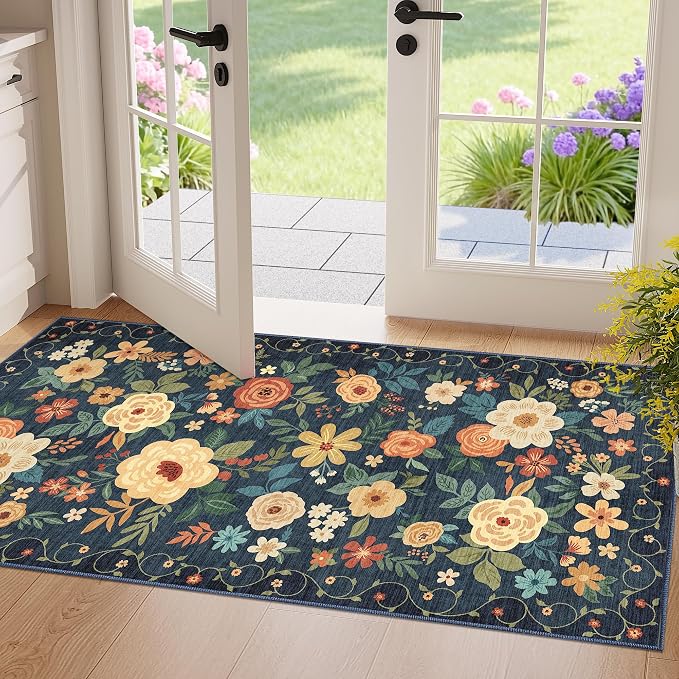 DUKINO 2x4 Entryway Rug, Floral Washable Kitchen Rugs Non Slip, Navy Blue | Low Pile, Soft Indoor Runner Rug for Hallway, Bedroom, Bathroom, Laundry, Pet Friendly, Modern Home Decor, Stain Resistant