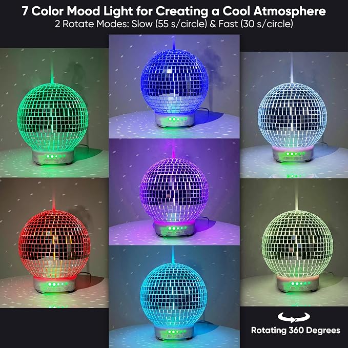 SCANDINORDICA Disco Ball Diffuser - Original Rotating Disco Essential Oil Diffuser with Whisper Quiet Operation, 14 Color Night Light & 4Time Settings | Cute Eclectic Home Decor for Medium Room Silver