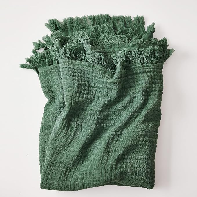 Simple&Opulence Cotton Muslin Throw Blanket for Bed, Couch, Knit Woven Gauze Blanket with Tassels, Soft Lightweight Cozy Pre-Washed Breathable Farmhouse Decoration for All-Season (Olive Green)