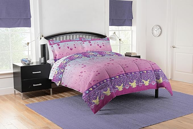 Northwest Pokemon Full Sized Bed in a Bag Set, Pikachu Eevee, Anime Bedding for Girls Boys, Light and Sweet
