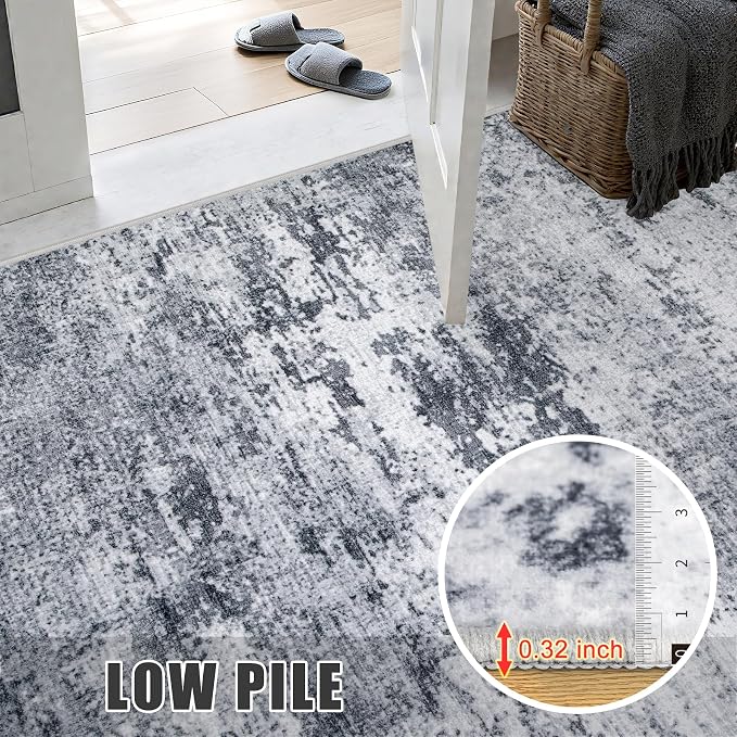 Round Area Rug for Living Room: 8 ft Washable Modern Abstract Soft Thin Rug Indoor Floor No Slip Stain Resistant Carpet for Bedroom Dining Room Farmhouse Nursery Home Office - Grey
