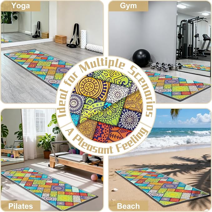 Hot Yoga Towel Non Slip, Ultra-Absorbent Yoga Mat Towel, Soft with Printed Design, Machine Washable, Yoga Pilates Towel Suitable for Exercise, Pilates, Yoga, 72x27in,Grid Mandala
