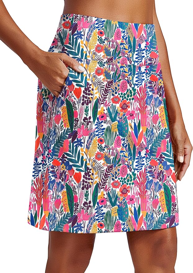 PINSPARK 20" Skorts for Woman Knee Length UPF 50+ Golf Skirts | 4 Pockets, Built-in Shorts, High Waisted, Split Hem, Silky-smooth, Moisture-wicking, for Golf Athletic Tennis Workout Casual