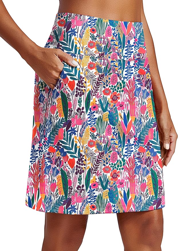 PINSPARK 20" Skorts for Woman Knee Length UPF 50+ Golf Skirts | 4 Pockets, Built-in Shorts, High Waisted, Split Hem, Silky-smooth, Moisture-wicking, for Golf Athletic Tennis Workout Casual