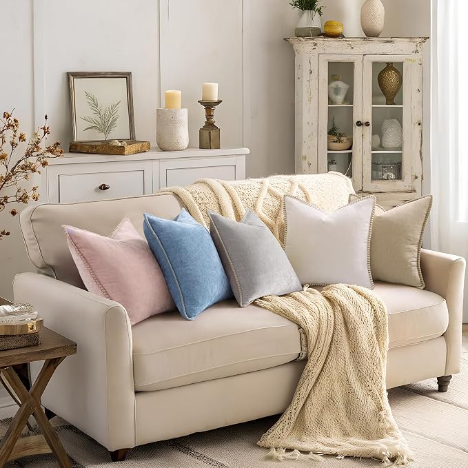 decorUhome Soft Chenille Throw Pillow Covers 22x22 Set of 2 Beige | Fall Textured Decorative Throw Pillow Cases Stitched Edge Modern Farmhouse Luxury Boho Velvet for Couch Sofa Bed Home Decor