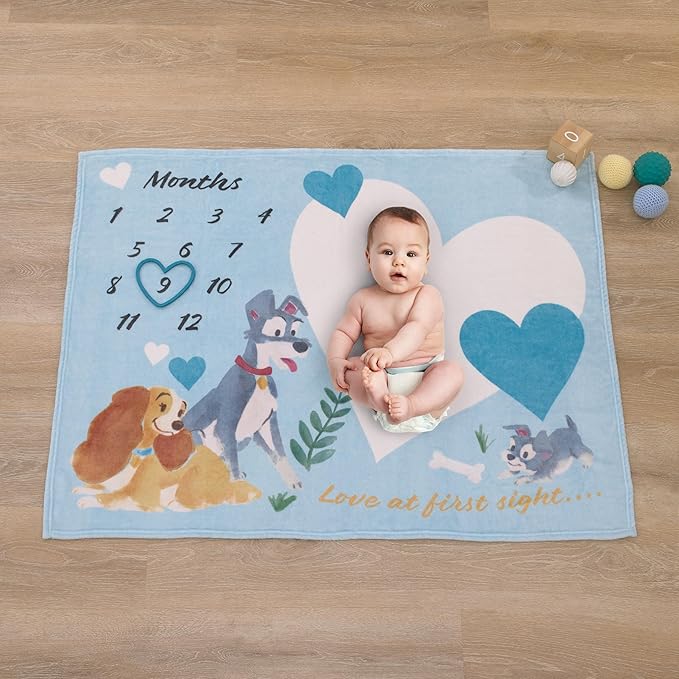 NoJo Disney Lady & The Tramp Blue, White, and Gold Love at First Sight Super Soft Photo Op Milestone Baby Blanket