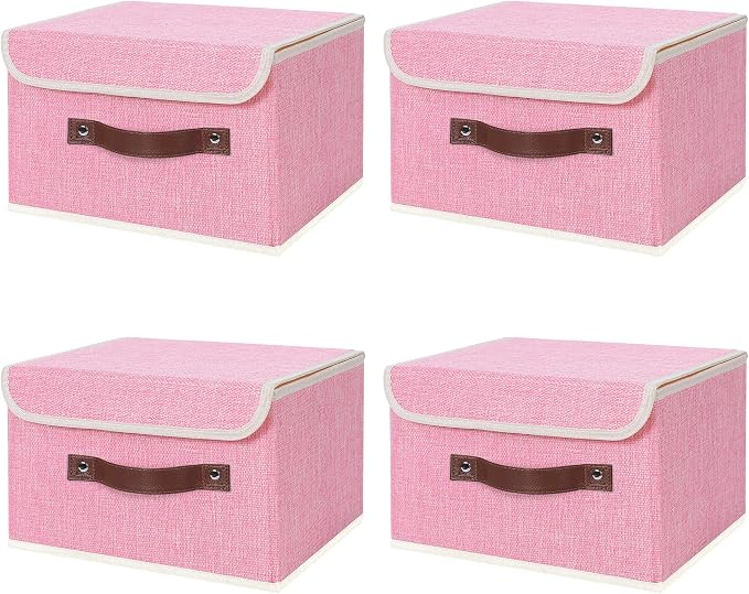 ANMINY Fabric Storage Box Bins with Lids, Pink, 10"x8"x7", 4 Pack | Keepsake Memory Storage, Cotton Linen, PP Board Reinforced, Washable, PU Handles, Foldable & Stackable, Decorative, Small