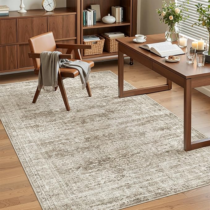 Soalmost 4x6 Area Rug for Living Room, Washable Rugs Non-Slip, Brown | Vintage Low-Pile Carpet for Dining Bedroom, Thin Foldable Stain Resistant Floor Mat Nursery Under Table Home Office Decor