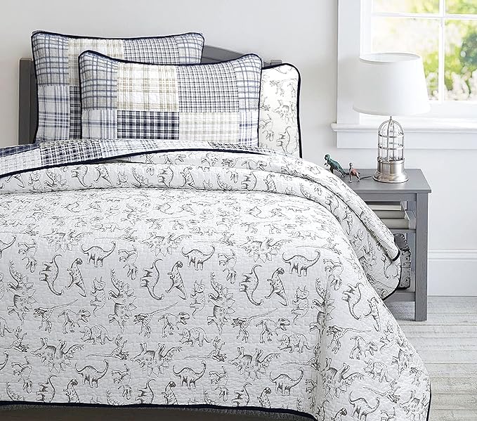 Cozy Line Home Fashions Benjamin Cute Dinosaur Plaid Navy Blue White Grey Bedding Quilt Set 100% Cotton Reversible Coverlet Bedspread Set for Kids Boy (Queen - 3 Piece)