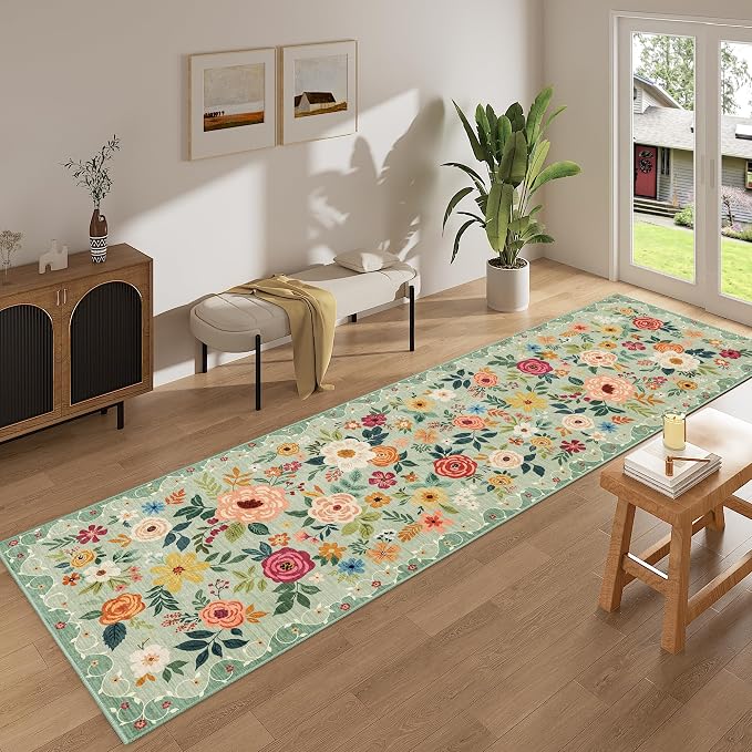 DUKINO 3x10 Runner Rug, Floral Washable Kitchen Runner Rug Non Slip, Green | Soft, Low Pile, Stain Resistant Indoor Rug Runner for Hallway, Entryway, Bedroom, Bathroom, Modern Home Decor, Pet Friendly