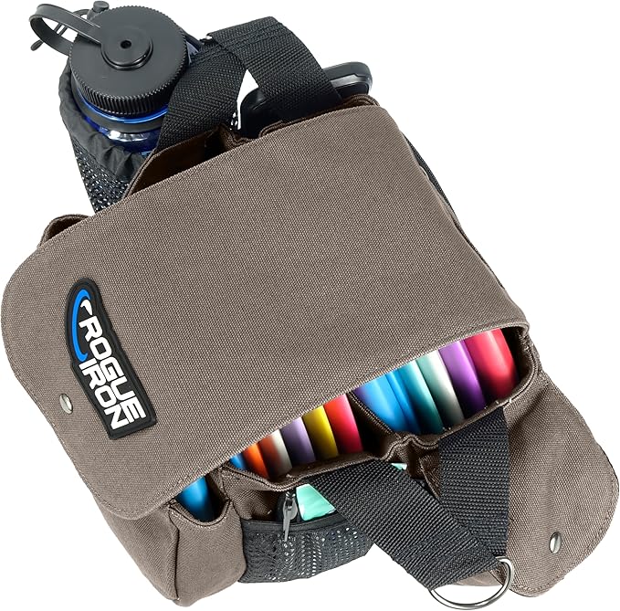 Rogue Iron Disc Golf Satchel Bag- Sling Tote Bag for Frisbee Golf - Holds Up to 14 Discs, Large 32oz Water Bottle, and Accessories V2 (14 Disc Gray)