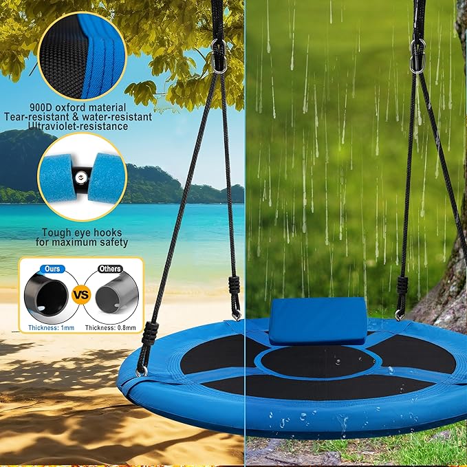 Saucer Tree Swing 40 Inch 600lb Weight Capacity with 2pcs Hanging Straps, 900D Oxford Fabric Waterproof Durable Steel Frame and Carabiner for Kids Adults with Pillow,for Backyard (Blue)