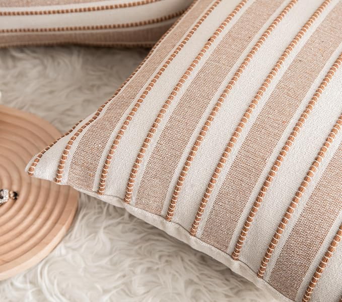 Cethom Decorative Boho Lumbar Throw Pillow Covers, Farmhouse Textured Pillow Case, 12 x 20 Inch Set of 2, Chair Sofa Bedroom Living Room Home Decor Couch Cushion Case, Brown and Beige