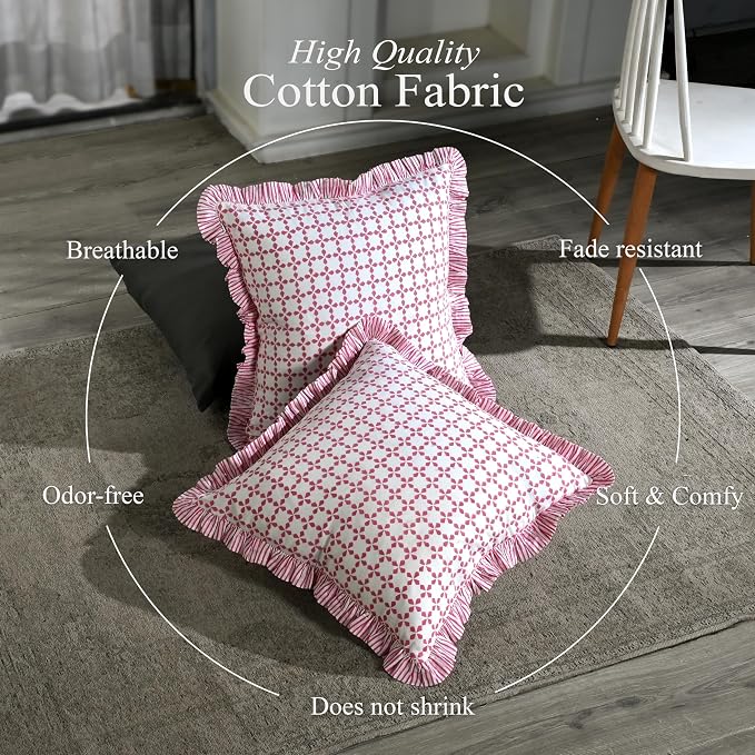 CPC Magenta Pink Hand Block Print 100% Cotton Ruffle Throw Pillow Cover 18x18 inch with Hidden Zipper Decorative for Couch, Bed, Sofa, Farmhouse, Cottagecore Decor Gift Christmas Fall Thanksgiving