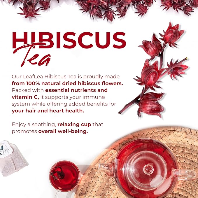 LeafLea Hibiscus Tea Bags, 100% Natural Flower, 160 Count | Te De Hibisco, Jamaica Tea, Individually Wrapped, Caffeine-Free, Sugar-Free, Gluten-Free, Non-GMO, Pack Of 4