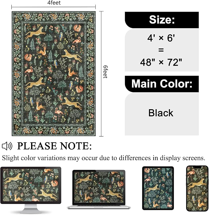 DUKINO 4x6 Area Rug, Non Slip Animal Washable Rug for Living Room, Black | Soft, Low Pile, Stain Resistant Indoor Carpet for Bedroom, Dining Room, Nursery, Farmhouse, Pet Friendly, Non-Shedding