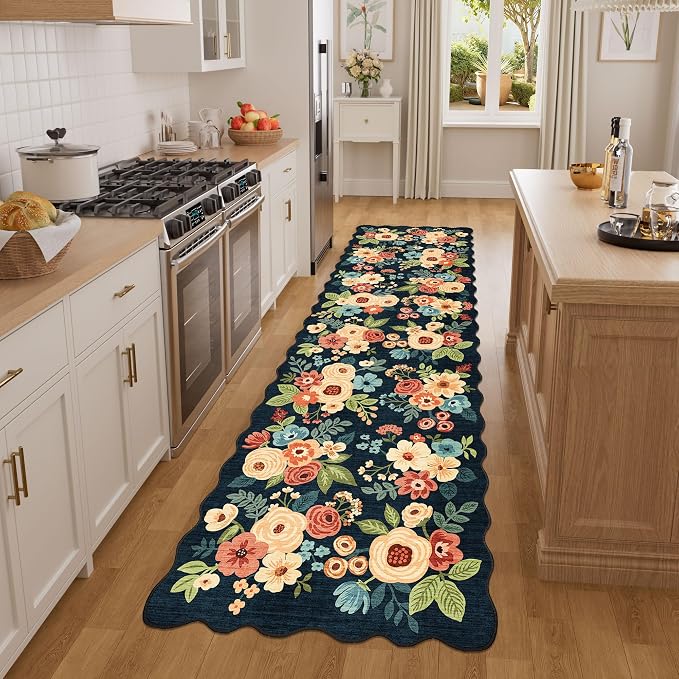 DUKINO 2x7 Runner Rug for Hallway, Floral Washable Kitchen Rug, Navy Blue | Low Pile, Stain Resistant, Soft Throw Carpet Runner for Entryway, Bedroom, Bathroom, Laundry, Pet Friendly, Modern Home Decor