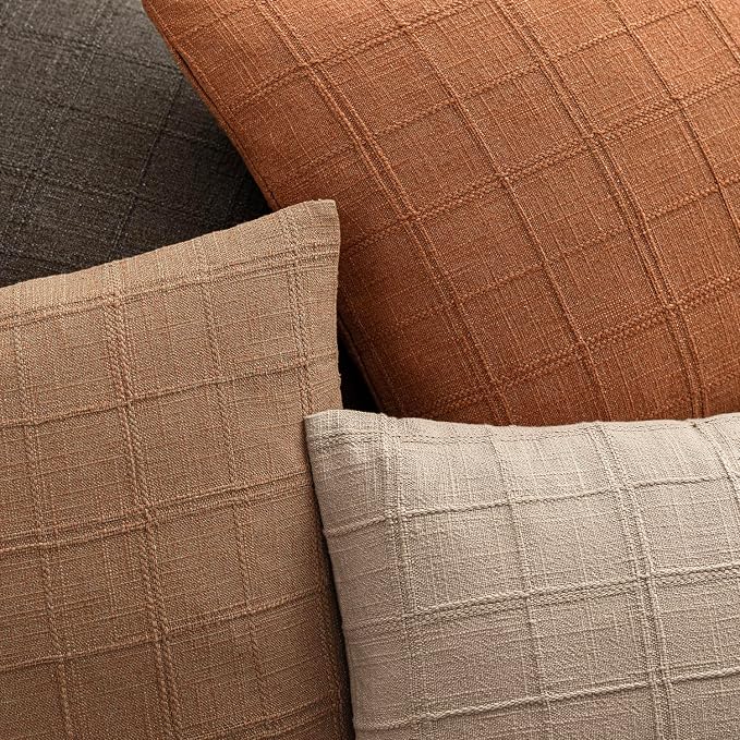 Foindtower Set of 2 Decorative Linen Check Throw Pillow Covers Neutral Farmhouse Vintage Cushion Covers Modern Boho Home Decor for Sofa Chair Couch Bedroom Living Room,20×20 Inch,Orange