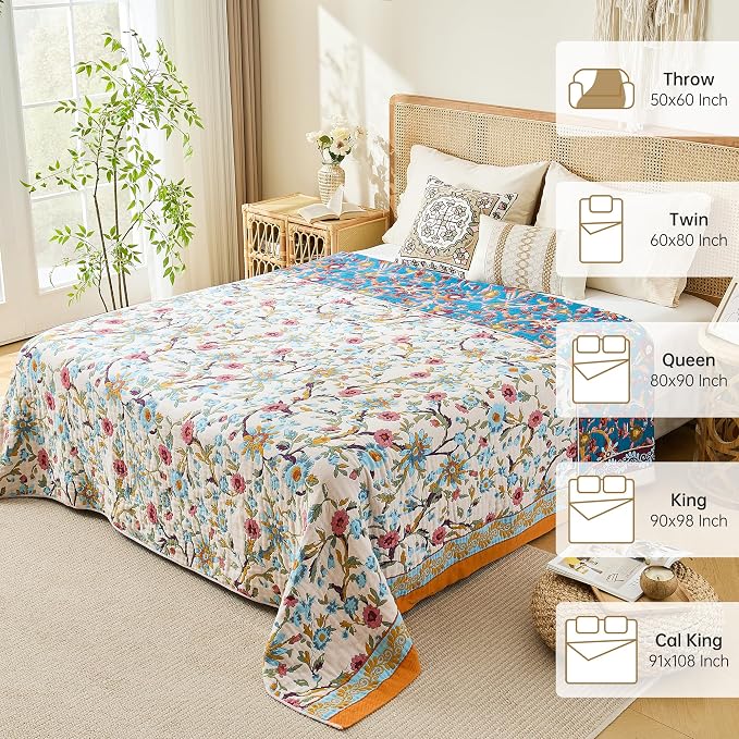 VANJOROY Boho Throw Blanket, 100% Organic Cotton Breathable Ultra Soft 91" x 108" King Bed Quilt Throw - All Season Floral Rustic Luxury Blanket for Sofa Couch Chair