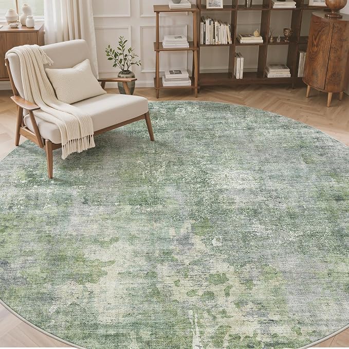 Soalmost Round Rugs 9ft Living Room Circle Area Rug 9x9 Green/Ivory Vintage | Washable Non Slip Abstract Carpet for Apartment, Dining Bedroom, Soft Low Pile Stain Resistant Foldable Floor Mat Entryway