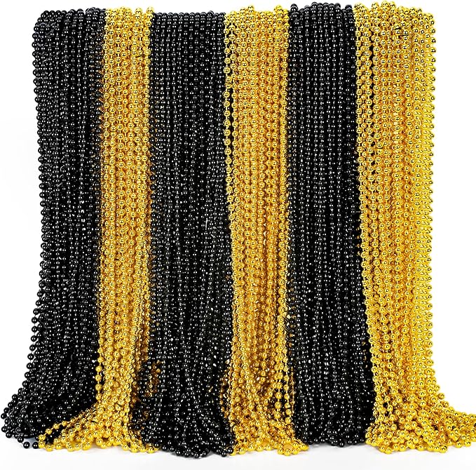100PCS Bead Necklace, Gold Black New Year Bead Party Favors, New Year Eve 33" Toy Necklaces Costume Accessories, Parade Throw Accessories for New Year Wedding Birthday Celebrations Decoration