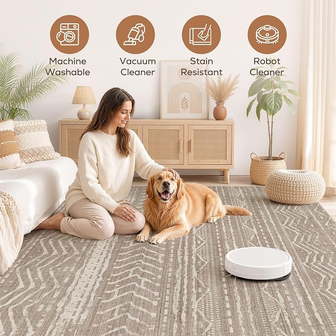 Nakagishi Area Rug Living Room Rugs: 11x15 Large Soft Machine Washable Boho Moroccan FarmNeutral Stain Resistant Indoor Floor Carpet for Bedroom Under Dining Table Home Office Decor-Dark Brown