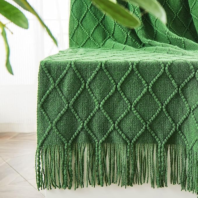 inhand Green Knitted Throw Blanket for Couch and Bed, 50"x60" | Throws for Her or Him, Soft Farmhouse Woven Blanket, Tassel, Lightweight Decorative, Cozy Knit, Warm Living Room Home Decor