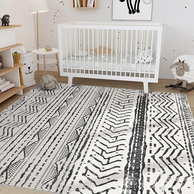 Nakagishi Black Rug for Living Room: 7x9 Washable Boho Large Neutral Soft Farmhouse Area Rugs Stain Resistant Modern Geometric Non-Slip Indoor Floor Carpet for Bedroom Playroom Office Dining Room