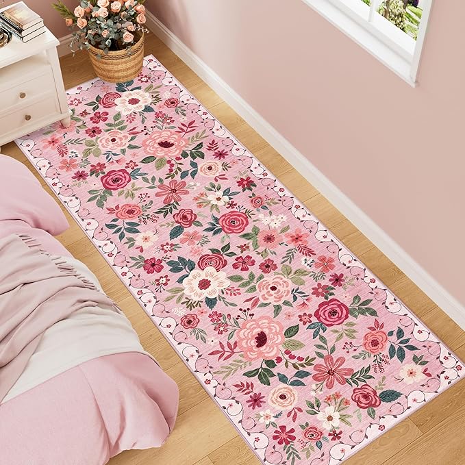 DUKINO 2x6 Runner Rug for Hallway, Washable Kitchen Rugs Non Slip, Pink | Low Pile, Soft, Floral Indoor Rug for Entryway, Bedroom, Laundry, Bathroom, Pet Friendly, Lightweight, Modern Home Decor