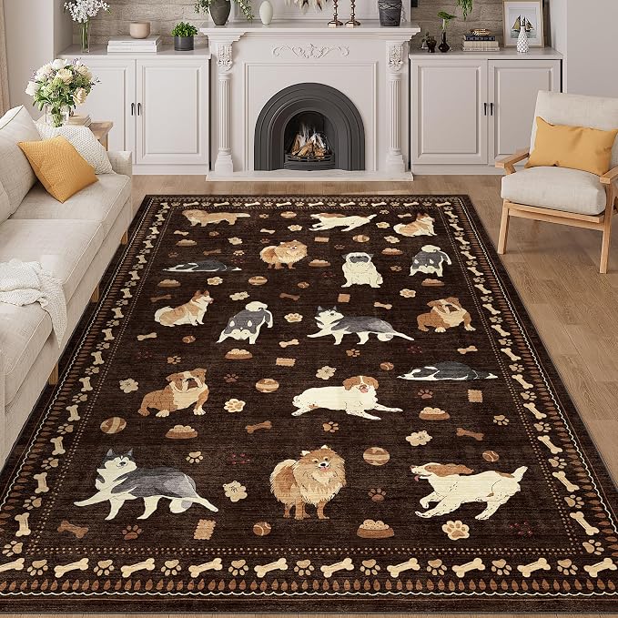 DUKINO 6x9 Washable Dog Area Rug for Living Room Non Slip, Brown | Non-Shedding, Stain Resistant, Soft Animal Carpet for Bedroom Kids Playroom Nursery Dining Room Farmhouse, Pet & Kid Friendly