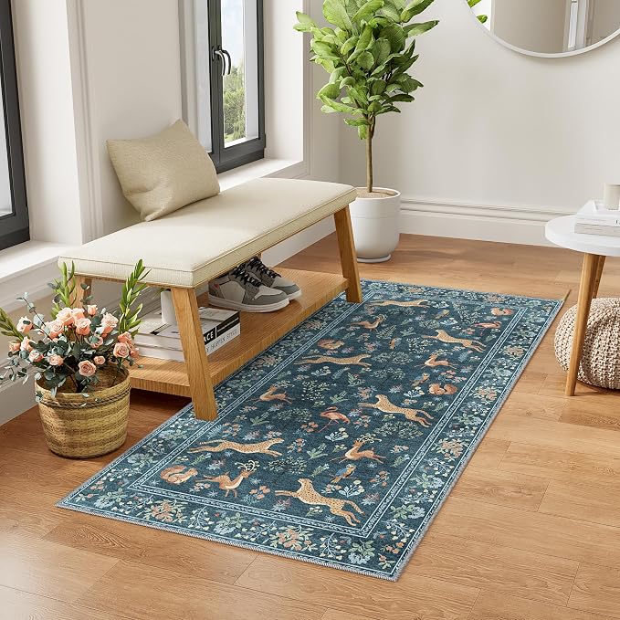 DUKINO 2x4 Rug for Entryway, Animal Washable Runner Rug for Kitchen, Blue | Non Slip, Low Pile, Stain Resistant Thin Indoor Carpet for Hallway, Bedroom, Bathroom, Laundry, Pet Friendly, Non-Shedding