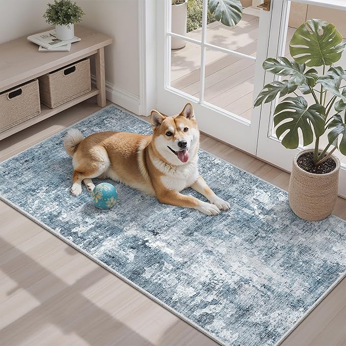 Soalmost 2x4 Abstract Washable Rugs for Entry, Kitchen Area Rug Blue/Grey | Small Non-Slip Vintage Low Pile Throw Door Mat For Bathroom Entryway Laundry, Stain Resistant Indoor Entrance Floor Carpet